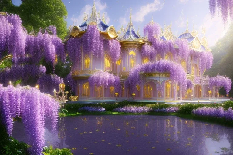 a magical crystal flower wisteria pink gold house palace in the woods, magnolias pink,blue lake,sun,white swanns,pink vertical, blue lake,sharp, vines, candlelit, endor, ornate, elegant, highly detailed, artstation, concept art, smooth, sharp focus, illustration, 8k, splash art, wallpaper, key visual