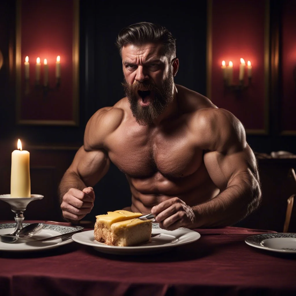 Hyper Realistic Handsome Muscular Man (Age 45 With Perfect Thick Beard And Mustache) Angrily Holding Fork & Butter Knife Shouting And Aggressively Waiting For The Dinner Sitting On Dining Table, With Empty Plates & Candles On The Table, With Fancy Silk Maroon Tablecloth Inside Dark Dining Room At Dark Night Showing Dramatic And Cinematic Ambiance.