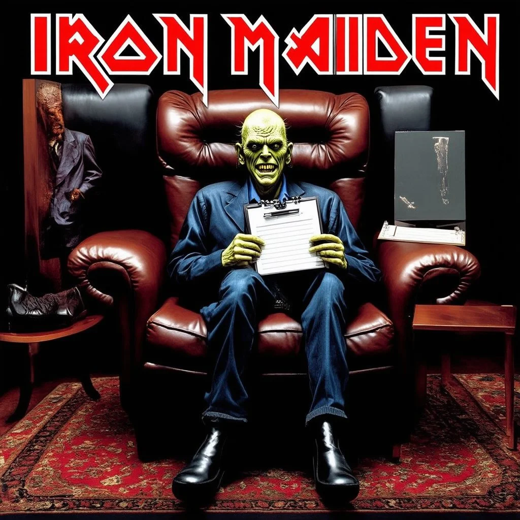 heavy metal albumn cover for "IRON MAIDEN" titles "PSYCHOTHERAPY" based specifically on artist Derek Riggs design and style. Album cover features name of band in iconic Iron Maiden font and is of Iron Maiden's leering rictus faced mascot Eddie who is dressed as a psychologist sitting cross-legged in a leather chair next to a therapist's couch holding a clipboard.