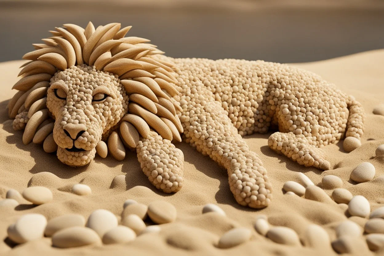 lion made of pebbles in sand