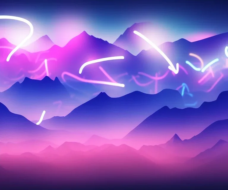 3d rendering. Abstract surreal background with rocky mountains, smoky clouds and glowing neon musical notes symbol. Panoramic spiritual wallpaper