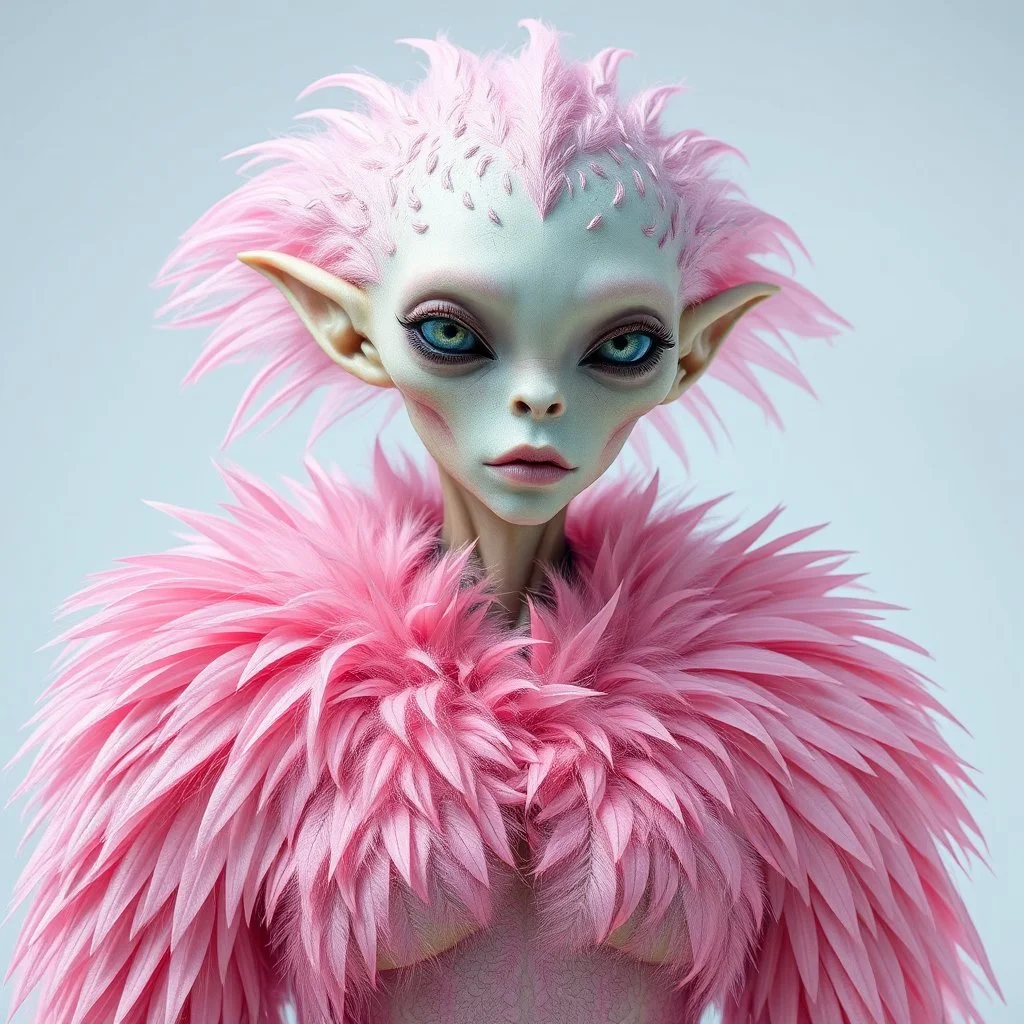 a female, sentient alien with a humanoid body covered in feather-like pastel pink fur