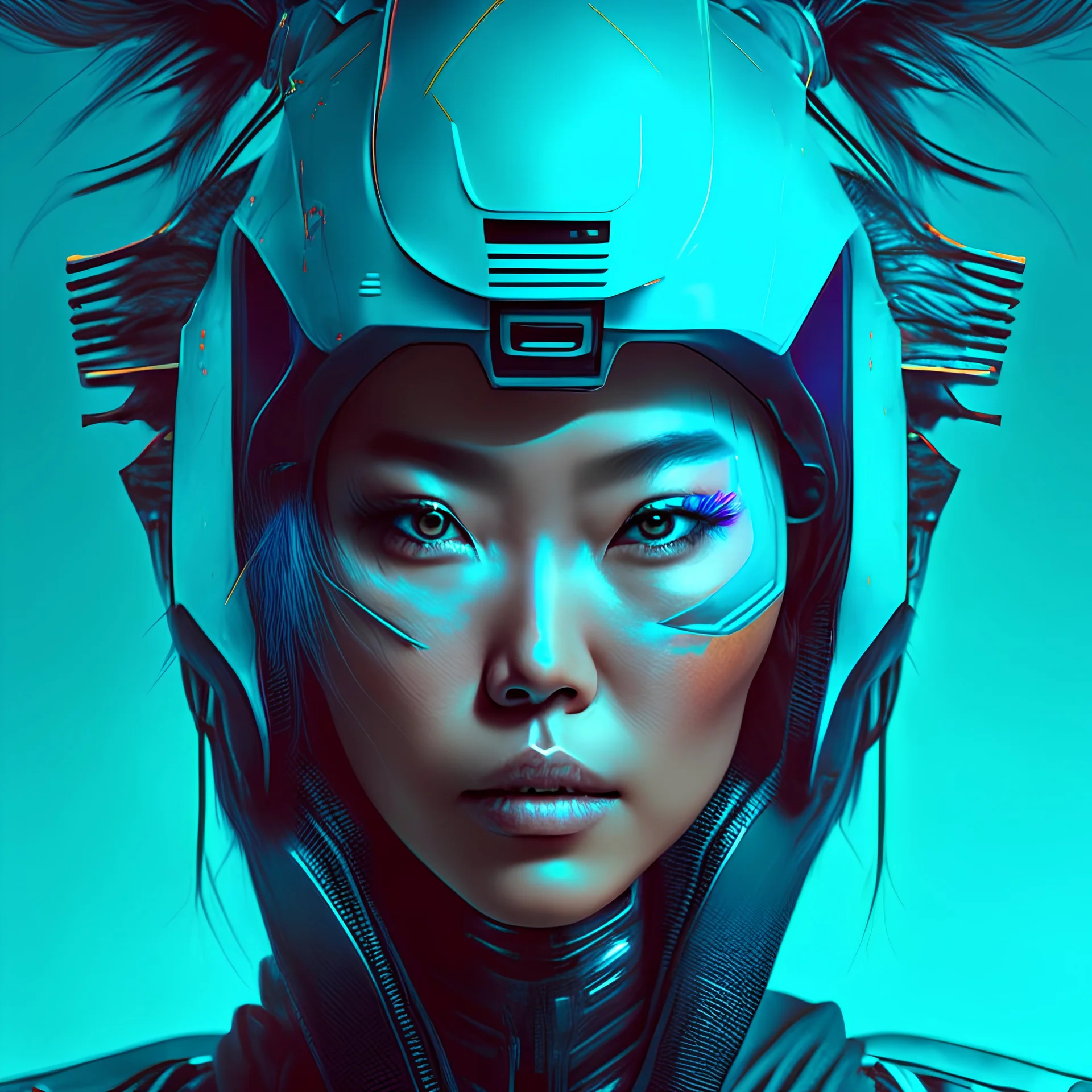 portrait of a woman cyberpunk cyan helmet asian