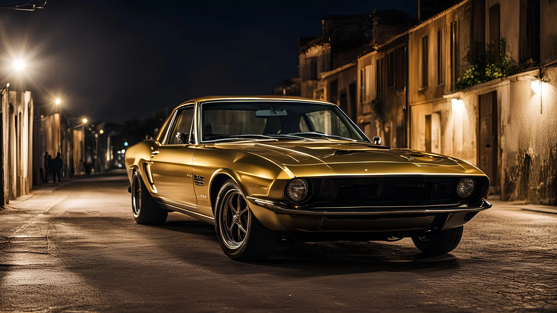 a car parked on the side of a street at night, a portrait, by Etienne Delessert, art photography, mustang, gold glow, miura, by emmanuel lubezki