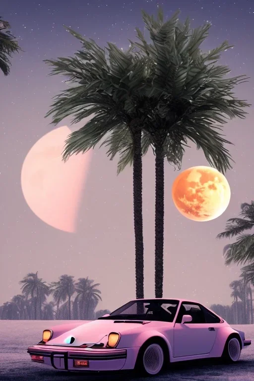 1980's aesthetic vaporwave palm trees with lunar eclipse with lighting with shiny chrome porsche in the winter snkw