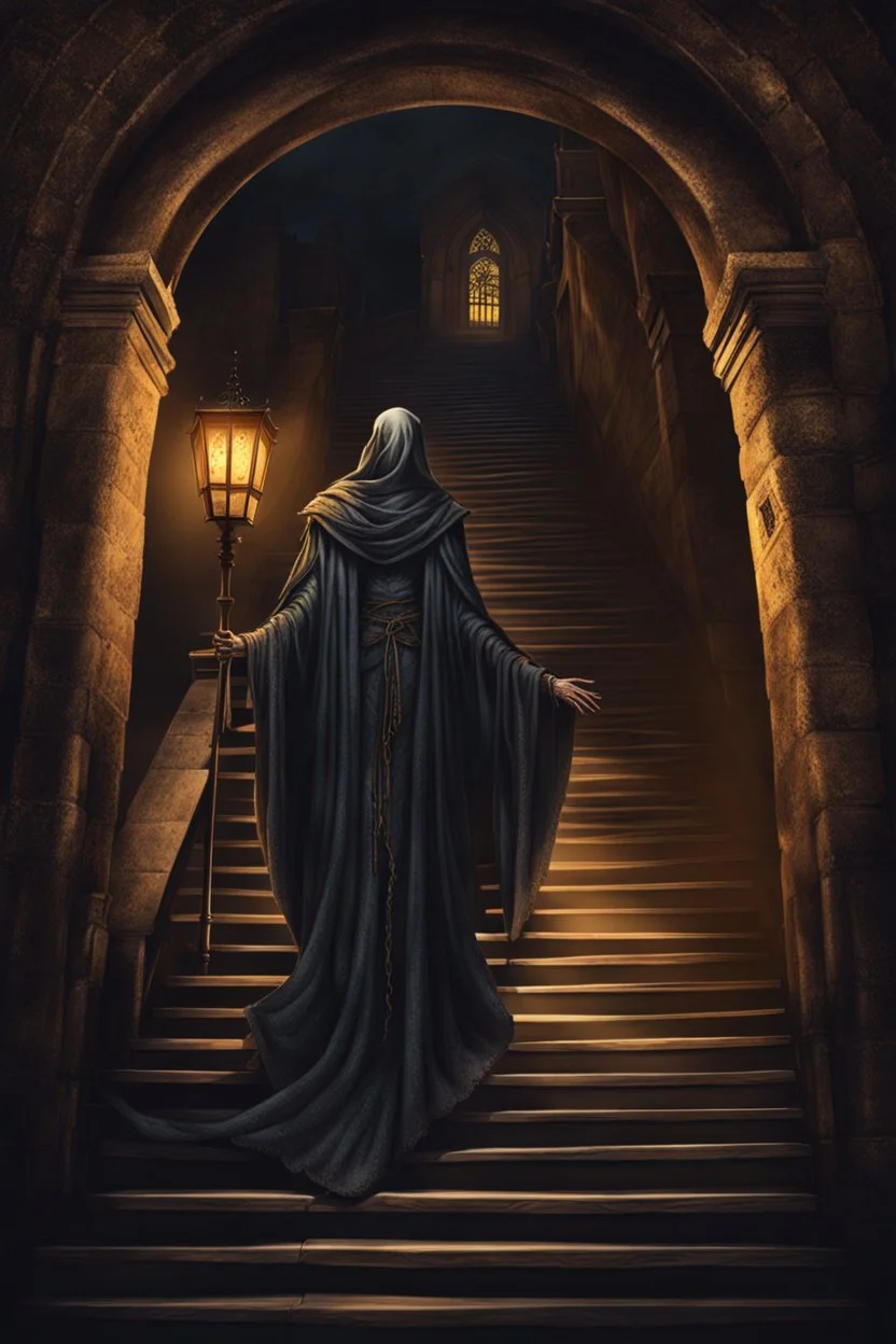 A hatefull Lich descending the stairs up to a tempel in a medieval city. Horror setting. fantasy art,