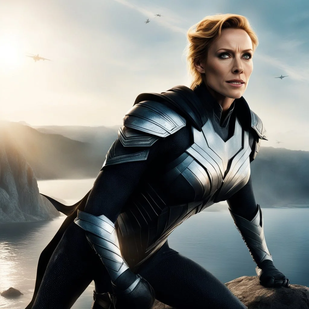 [movie by Zack Snyder] a new legend begins. High above the glistening lake, Toni Collette soars as a super heroine. With each graceful movement, she leaves a trail that sparkles in the sunlight,