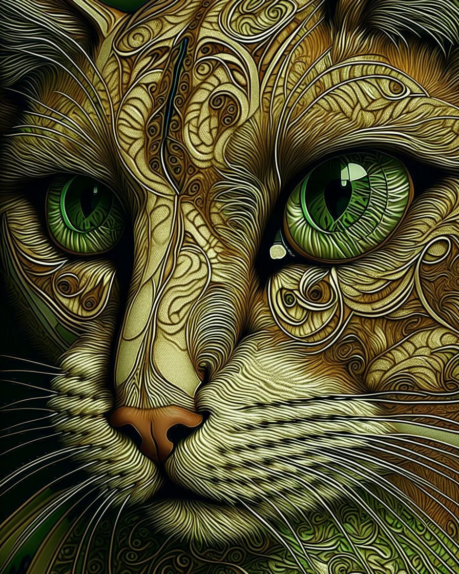 Detailed Surreal Portrait of cat with green eyes by Van Gogh in muted colors.