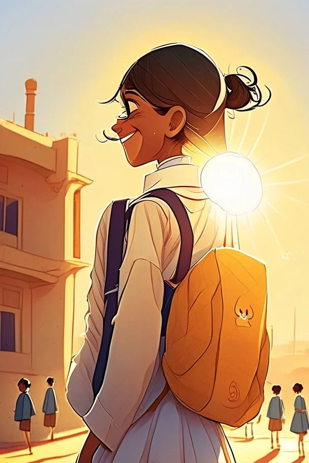 School student, school uniform, Omani, smiling slightly, from behind, school, students, morning, sun,cartoon