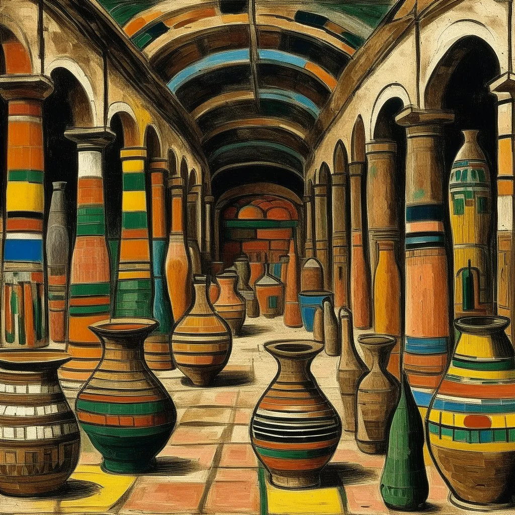 A brown underground mining factory designed in ancient Egyptian pottery painted by Alexej von Jawlensky
