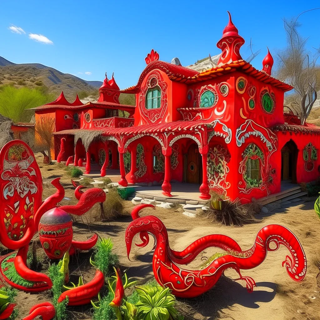 A red Mexican village with fiery ghost peppers designed in Mehndi design painted by Peter Carl Faberge