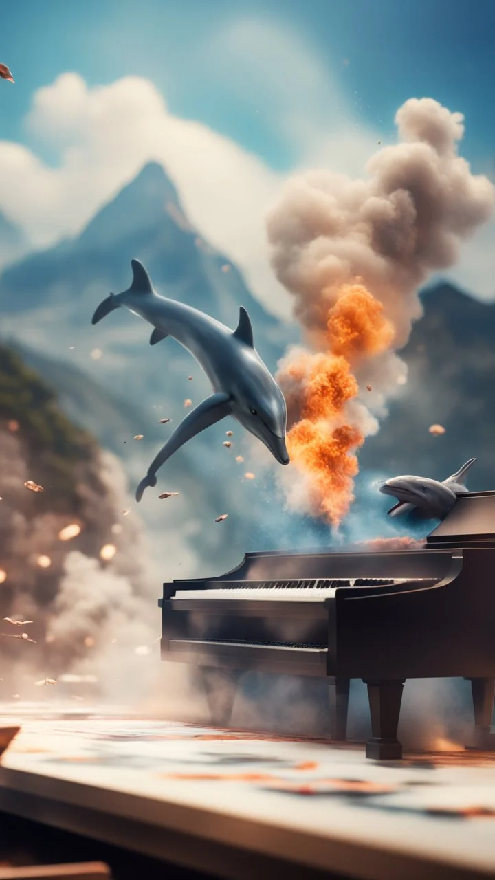 flipper movie poster, close up danger expression, mountains playing piano, dolphin police stunt man explosion and fall, smoke and blitz, bokeh like f/0.8, tilt-shift lens 8k, high detail, smooth render, down-light, unreal engine, prize winning