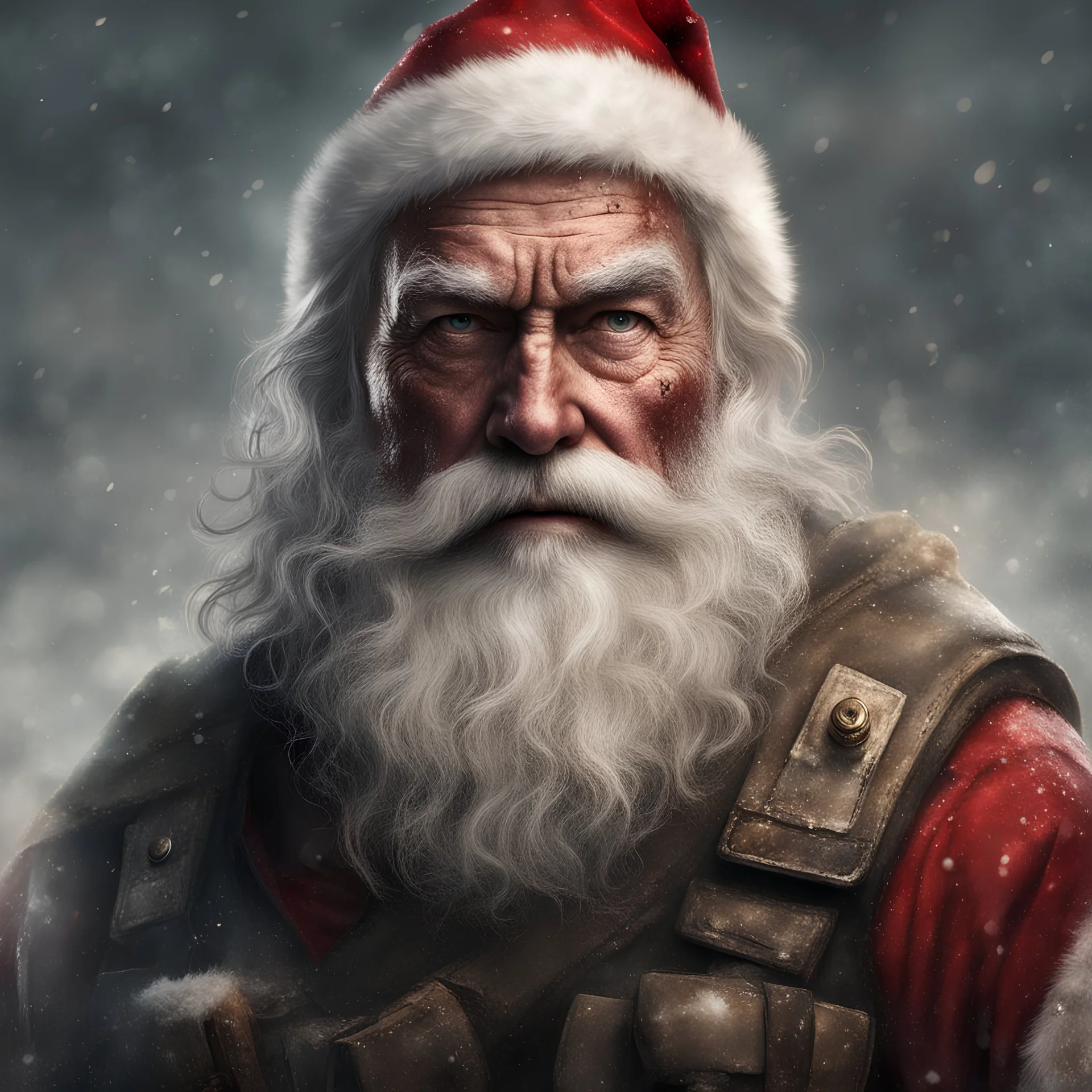 photorealistic santaclaus, but as a battleworn mercenary in the war on christmas