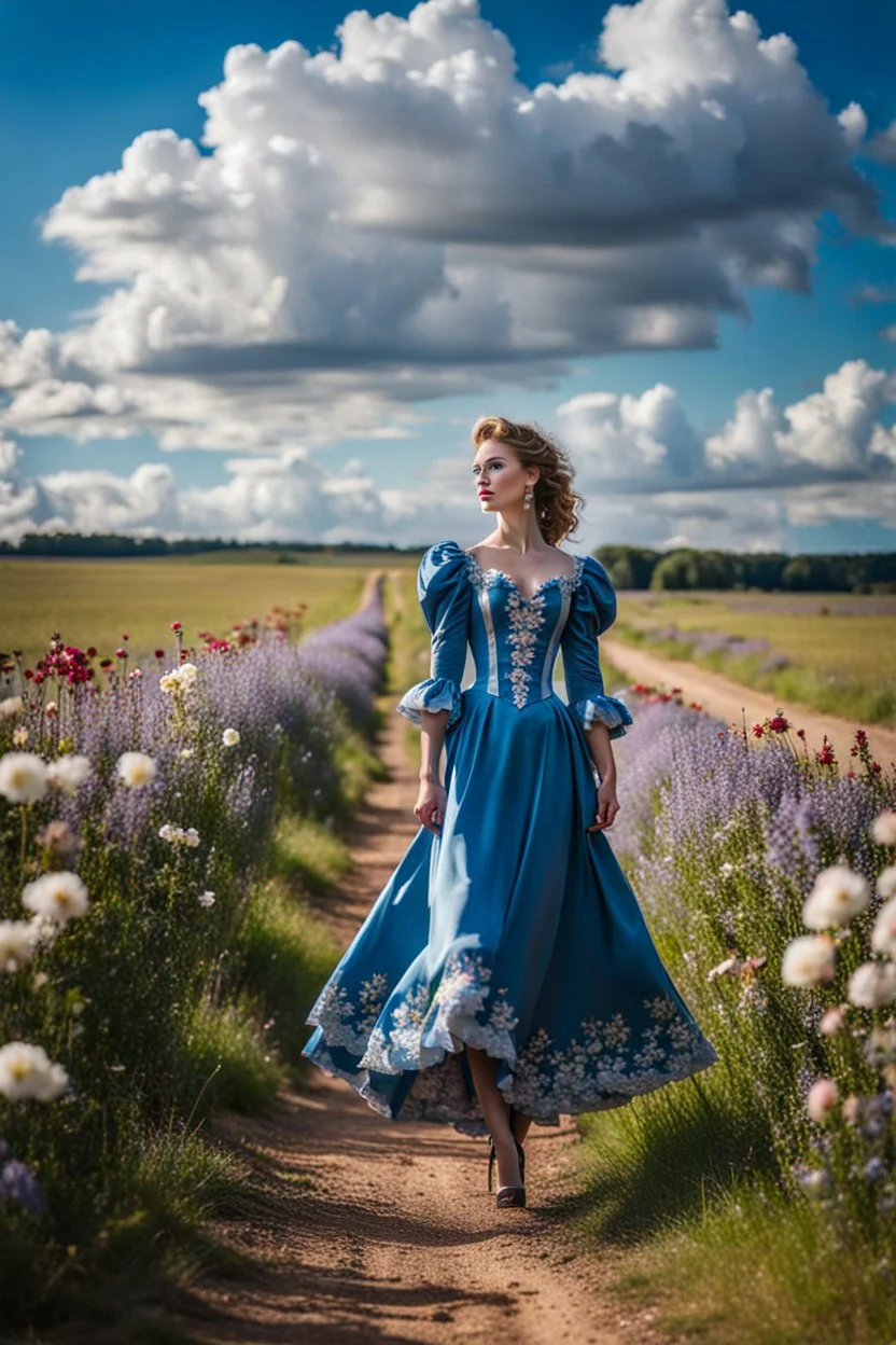 fullbody girl makeup wearing a victorian midi dress walking in country side ,flowers ,pretty clouds in blue sky