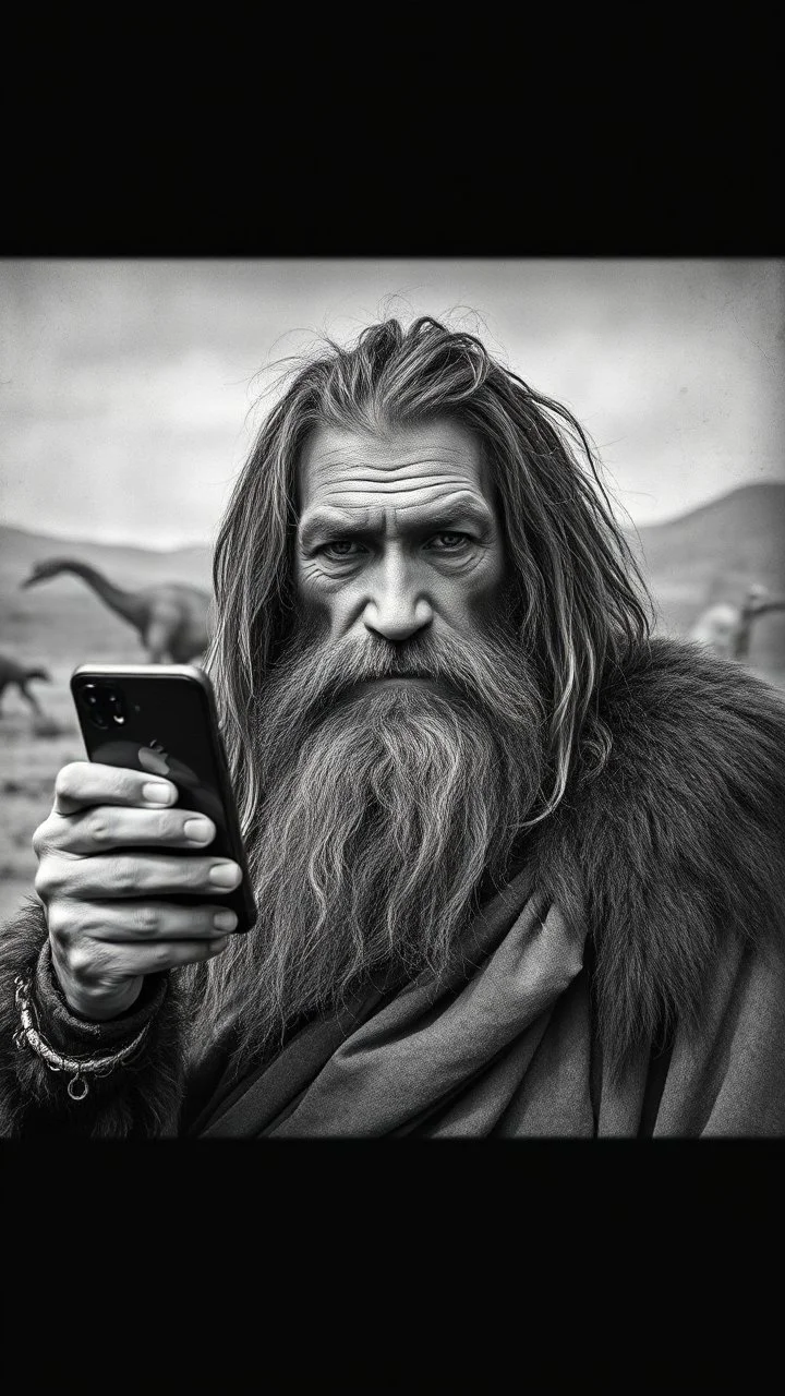 An old picture style of black and white mono very bad quality looks very old camera picture with cracks of a Neanderthal man with long dirty hair and beard wearing an animal skin cloths holding an IPhone the year 1900 in the background from a distance dinosaurs