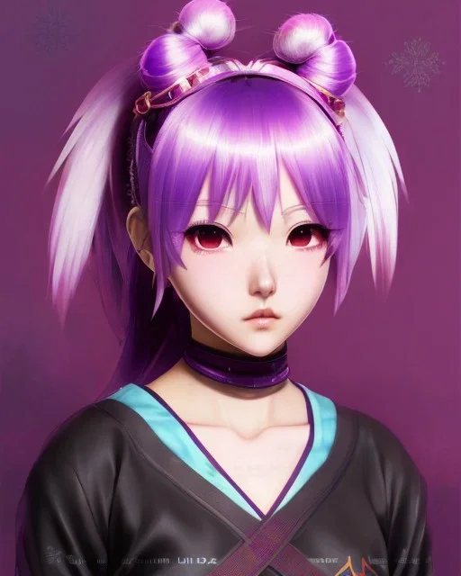 Detailed cute anime Kunoichi girl, purple hair buns, purple bangs, Christmas style colours, intricate details, full body portrait, keep head in frame, slight smile, black Japanese motif, concept art, highly detailed, digital painting, concept art, sharp focus, illustration, art by Yoji Shinkawa, WLOP and greg rutkowski and alphonse mucha and artgerm and yanjun Chen and Junji ito and Makoto Shinkai, HDR, octane render