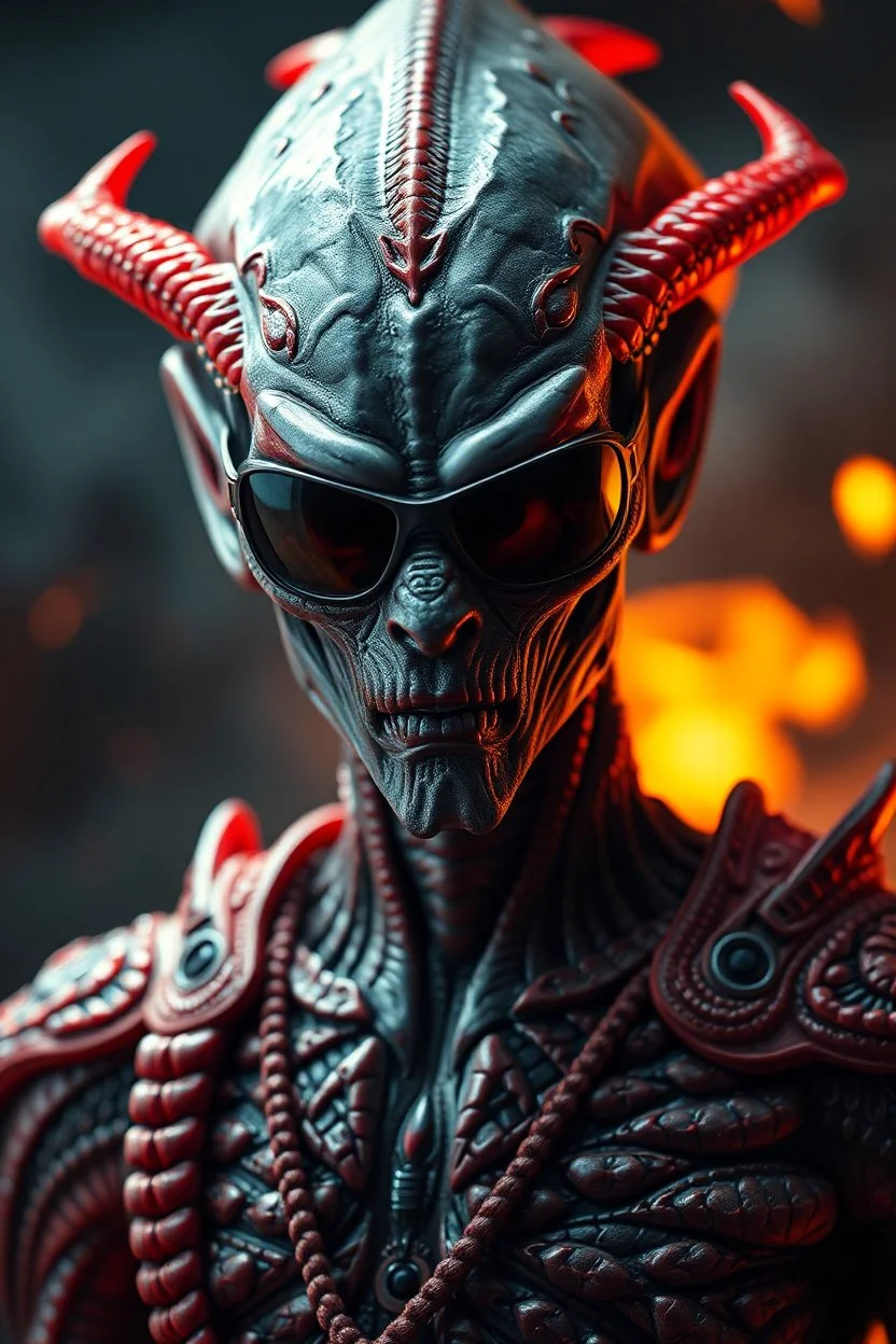 President gray Alien with sunglasses red skin, scales, unreal engine 6, high detail, intricate, cinematic. photoshoot style, intricate, studio lighting, masterpiece , highly detailed, 8k, best quality, fire, smoke, dramatic,d,<lora:mshn:0.7>,<lyco:Warrior_Couture:0.5>,