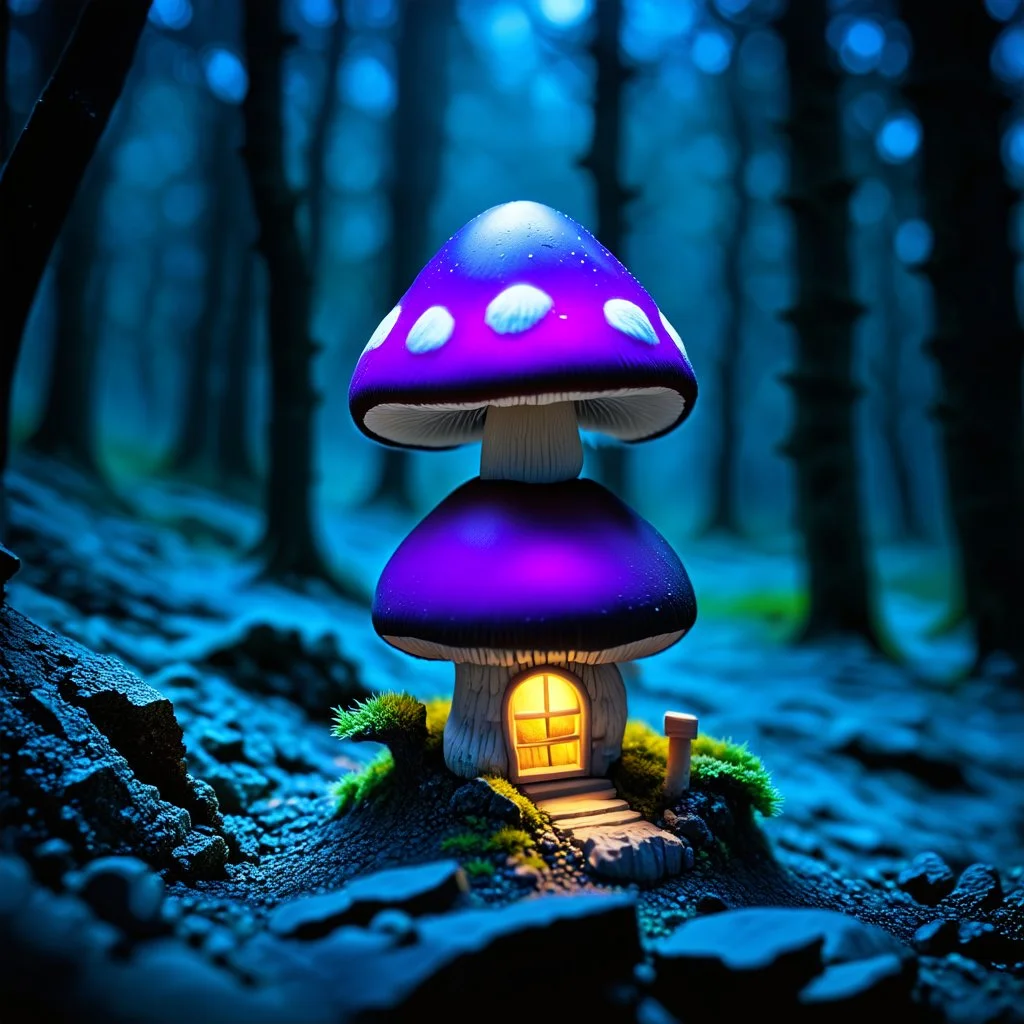 "Close up of a wonderful tiny Mushroom Tower home. indigo and magenta with bright white, deep black and contrasting tones of gray. Illuminated bioluminescent forest. Professional painter, master at composition. small but detailed. broken, blurred background, voluminous lighting"