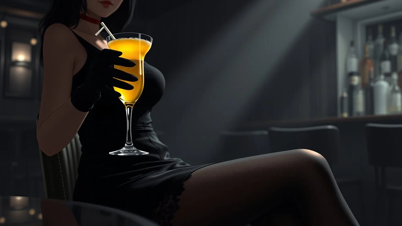 midle close up gray-toned, contrasting graphics, a lady in a black casual dress, black lace nice nylon stockings sitting on a bar chair in bar, holding a yellow mimosa cocktail in her long black gloved hand, atmospheric, strong contrasts, shadowy background, focus on the hand holding the cocktail, moody, pale ligts, anime style, cinematic