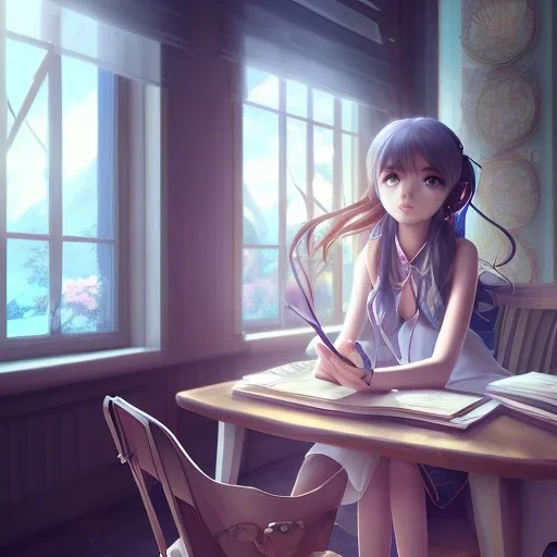 Anime girl studying in room, perfect face, window, nature, anime style, unreal engine 5, studio lighting --ar 2:1