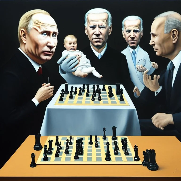 Complex Surgical Instruments crossing over Putin,President Xi jinping,Joe Biden Play Chess with a Newborn Boy,black background,surrealism,minimalism,Painting By Adrian Ghenie,Michelangelo,Rene Magritte,Lucian Freud,Salvador Dali,Pablo Picasso