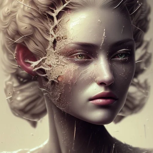 broken, cracked-open woman's face, fine detail, highly intricate, wearing bridal veil, modern surrealism painting, defined cracks and breaks, high-quality, volumetric lighting, 8k, ultrahd, George Grie, Marco Escobedo, Igor Morski