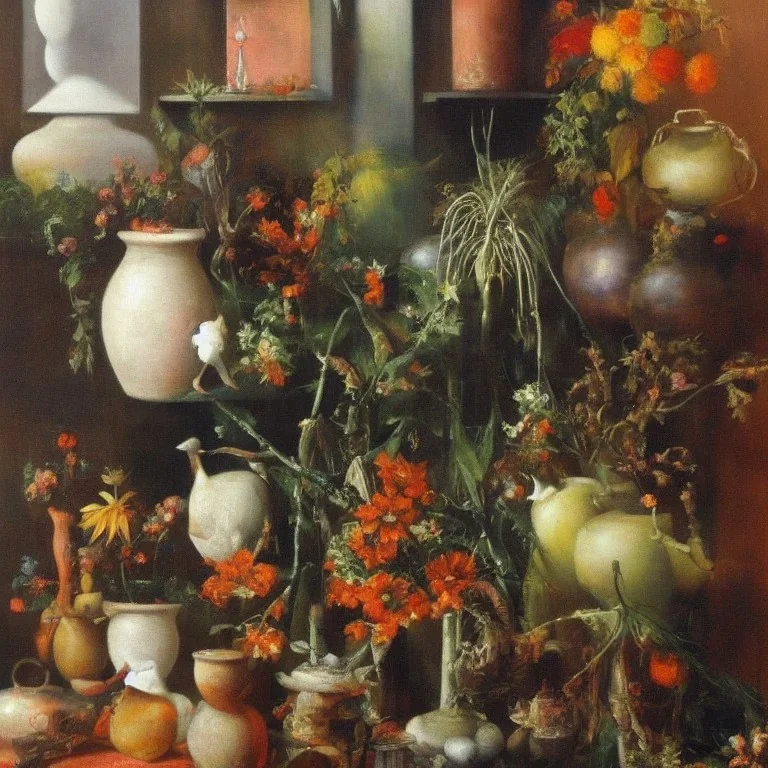 Finches, dresser, poet-shaped pots, brooms, a soft patina, hyperdetailed, crisp, clear, focused, Leonor Fini