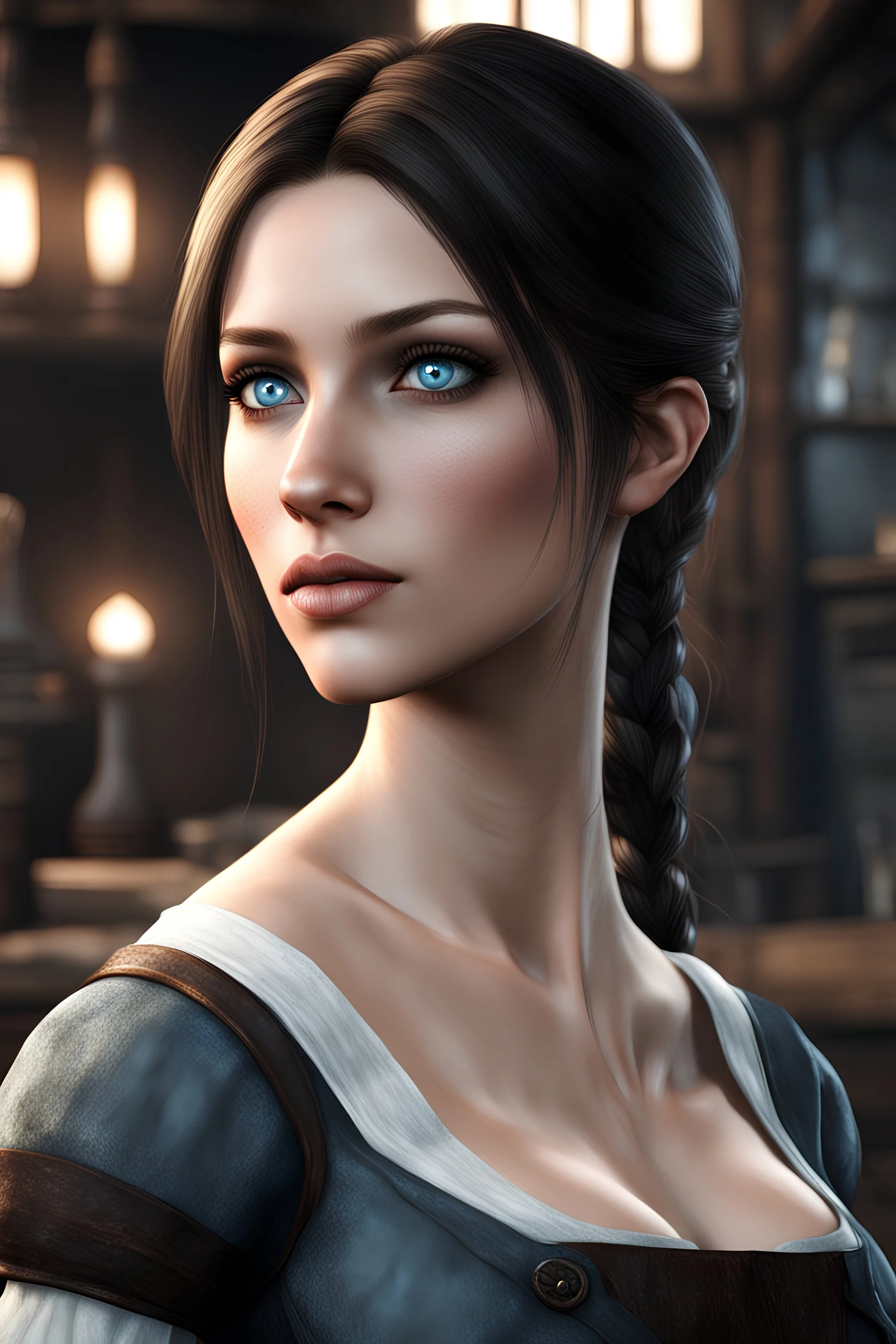 A female breton barmaid from Skyrim with light blue eyes, brunette, melancholic