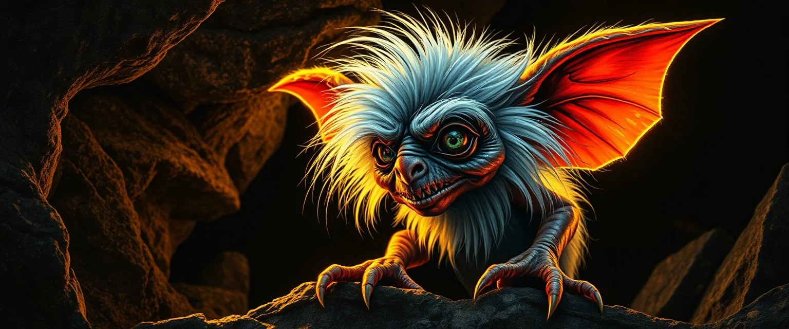 pen outline with some neon airbrush, glowing quickling gollum gremlin in the shadows with long fluffy white fur looking at insane cave painting, pin hole camera, in the style of Rembrandt