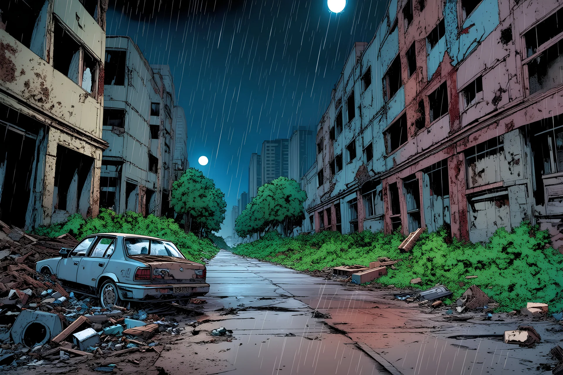 comic book style, zombie apocalypse abandoned ruined overgrown city seen from afar, rubble and trash on the sidewalk, destroyed buildings, large road with abandoned destroyed cars on it, night, rain