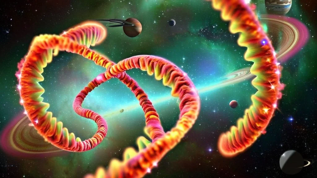 DNA double helix floating in space with the stars and planets