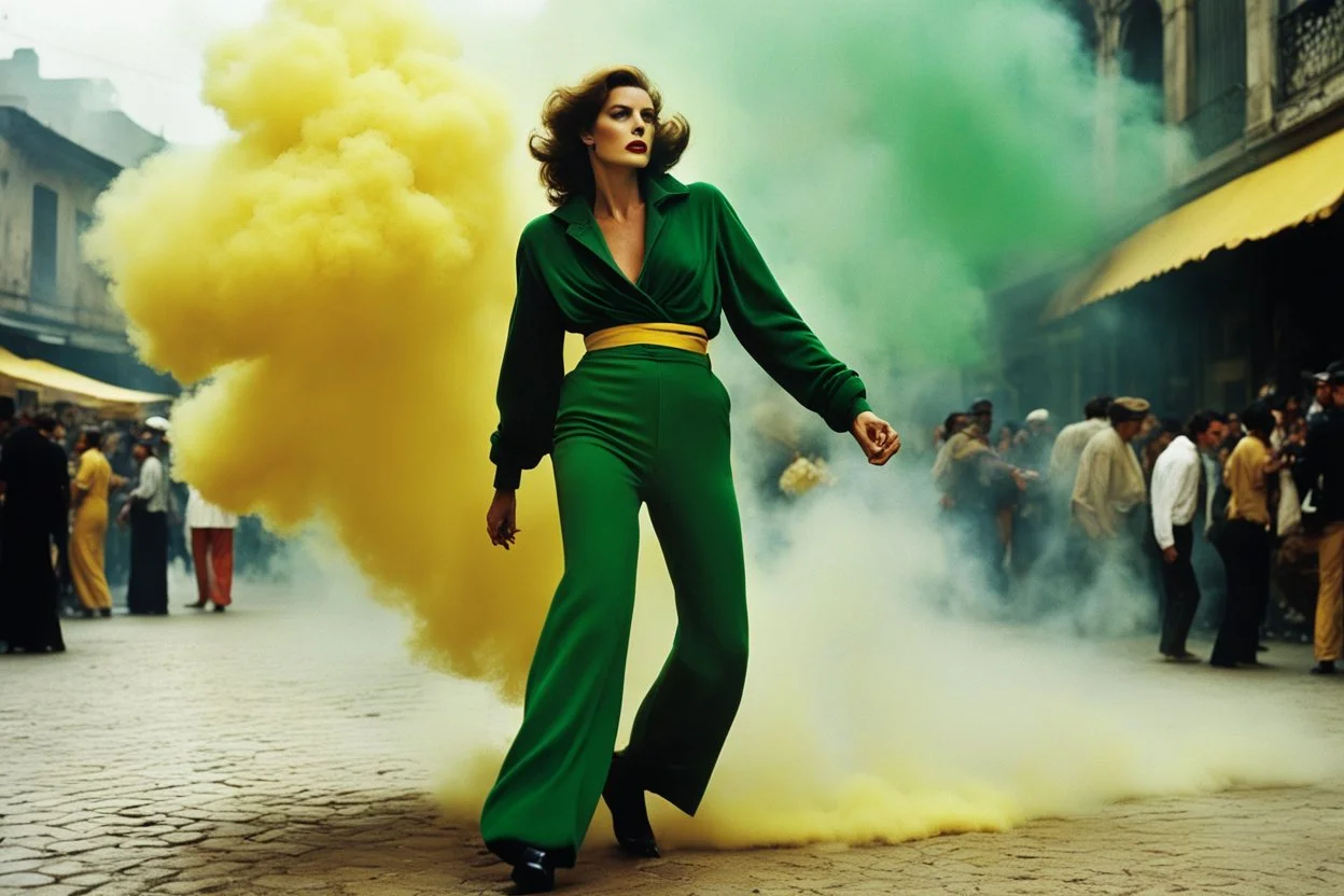 [iconic color photo by Helmut Newton] Her bended figure emerged from the chaos, surrounded by the swirling backdrop of yellow dust and billowing smoke that cloaked the attack in the bustling yellow market plaza. An Italian woman clad in plush green trousers and a worn velvet pull-over, her back heaving with urgency, navigated the labyrinthine alleys with a grace born of desperation.