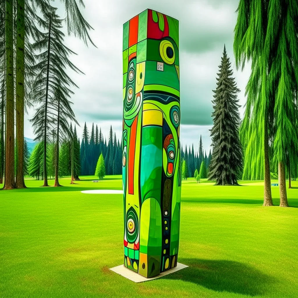 A green grassy plain designed in pacific Northwest totem poles painted by Wassily Kandinsky