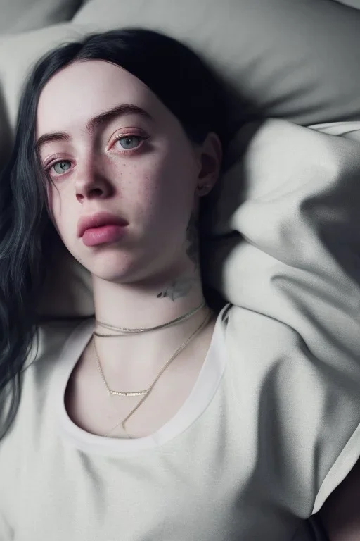 Billie Eilish, on the bed, in my underwear, pale skin, high detail, realistic, 8k, not to be distinguished from a photo