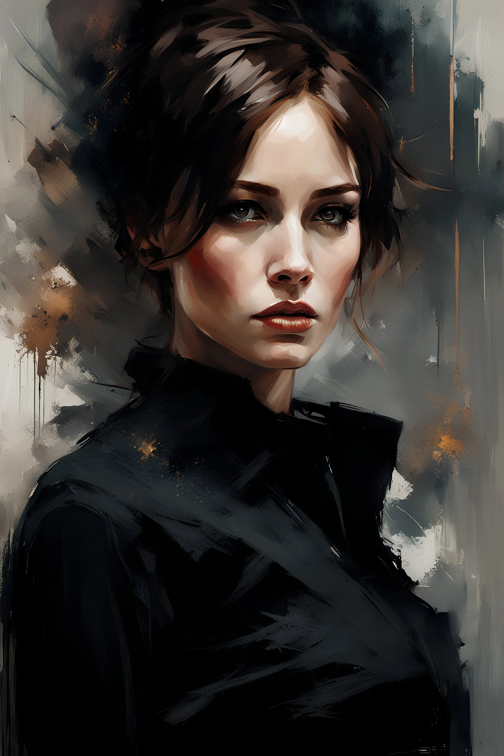 russian woman 26yo with short brown hair, wearing a black shirt with long sleeves and tactical pants :: dark mysterious esoteric atmosphere :: digital matt painting with rough paint strokes by Jeremy Mann Carne Griffiths Leonid Afremov, black canvas