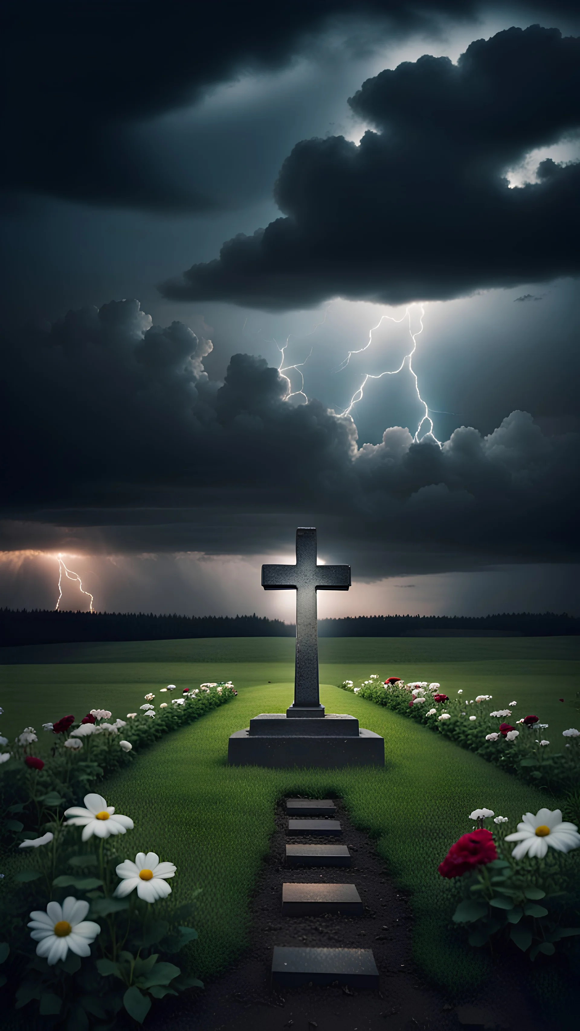 a lonely grave with a cross and flowers in the middle of a night field against the backdrop of gloomy thunderclouds