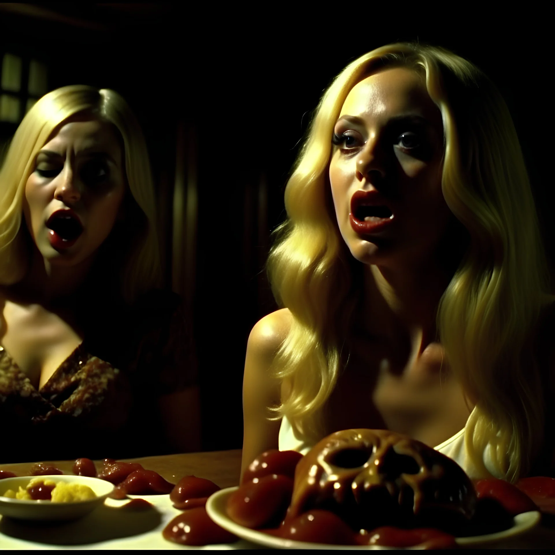 Horror movie shot, spooky, hot, ultra realistic, dine,, ultra realistic hot blonde women,pieces of meat, organs, ail, dynamic, very excited people, hypermaximalist figures, light, 1970's Italian horror movie, sinister,, Dario Argento, Stanley Kubrik, ornate, 4k, photorealism