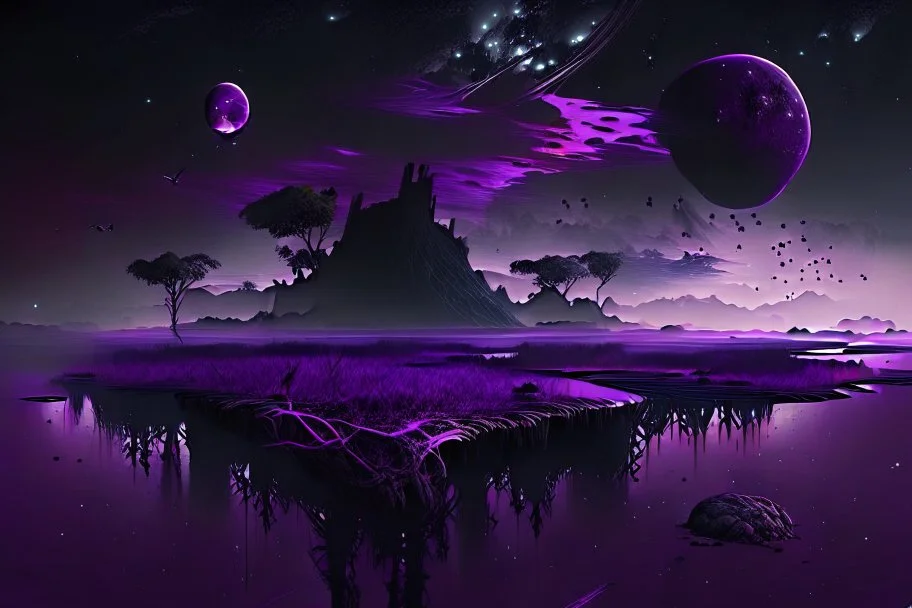 Floating Islands, Dark Purple and Black Night Sky, Stars, Space, Distant Alien Planets, Numerious Islands, Dead Grass, Dense Purple Fog