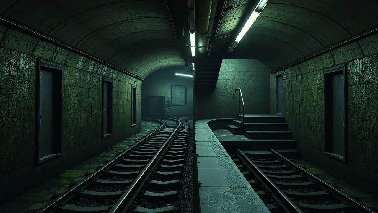 GAME CONCEPT ART .two poin perspective.Station platform and stairs from side .photograph inside of holeInside the old subway tracks, . Low light and closed green moss walls. Like the original design of the game space ,digital art.landscape,far camera old painting,2 Chen and George Hopper, Rembrandt lighting, a dark green color scheme, ethereal light. --ar 13:16 --v 6. 0 metro game