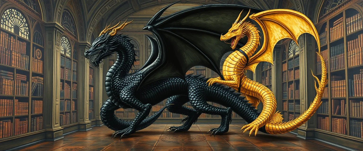 master oil painting by Escher and Giger, black dragon and golden dragon inside library
