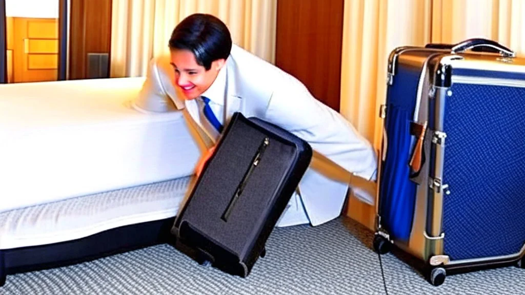 hotel clerk hiding suitcase from customer