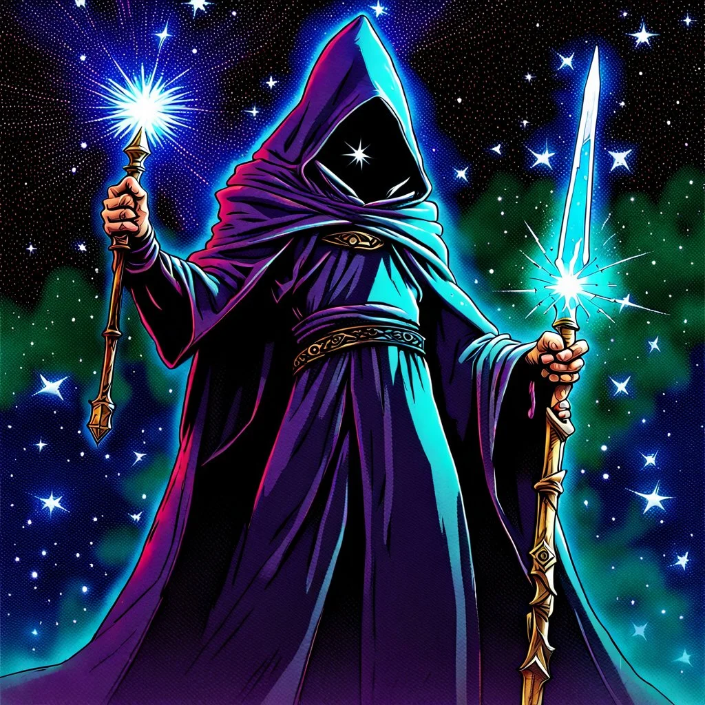 hooded sage with galaxy stars instead of face holding metal sceptre in crystal castle 90's tcg art