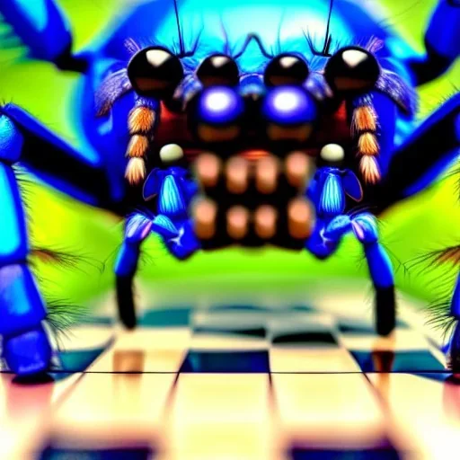 close up of a large hairy blue spider smiling and playing chess, photorealistic, blender render, wide angle lens, 4k, two birds, jungle,