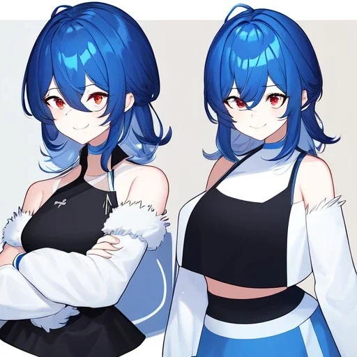 Clear focus, High resolution, rough line art, cute, cartoon, medium blue hair, hair between eyes, fluffy hair, red eyes, wearing a black sleeveless crop top, wearing a white jacket thats of her shoulders, wearing a blue skirt, cutsleeves blue strap and white color, intricately detailed outfit, smiling, 1girl, concept art all views