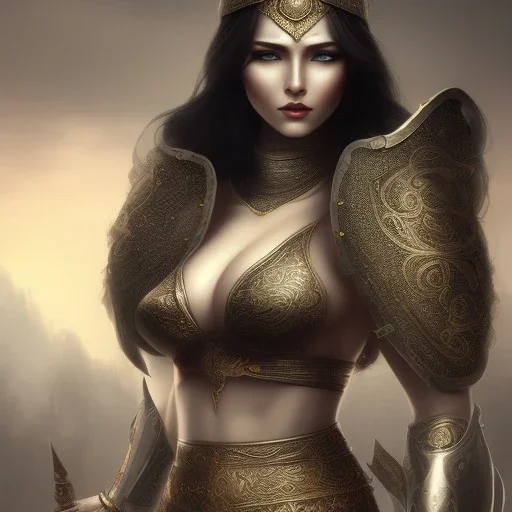 arab female warrior sexy black hair deep cleavage ornate metal armour silks