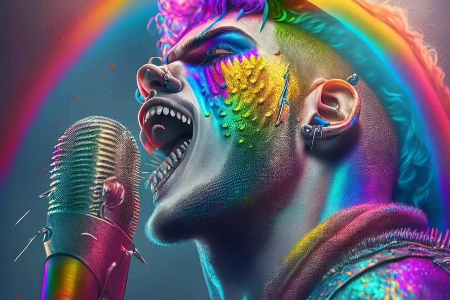 singer with a rainbow stinger, perfect composition, hyperrealistic, super detailed, 8k, high quality, trending on artstation, studio photo, highly detailed, wide borders