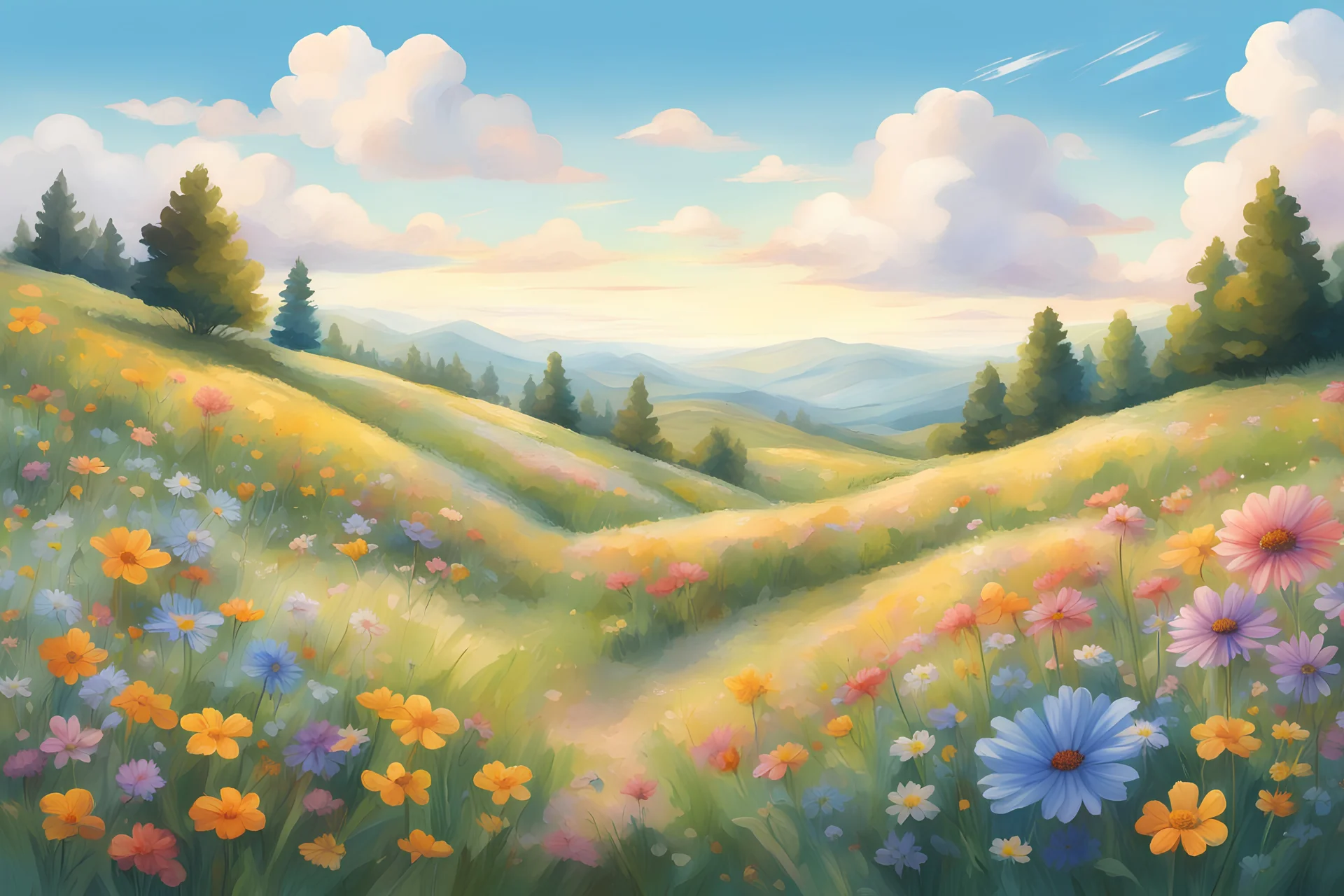 : Illustrate an idyllic countryside meadow filled with colorful wildflowers, rolling hills, and a clear blue sky dotted with fluffy clouds.