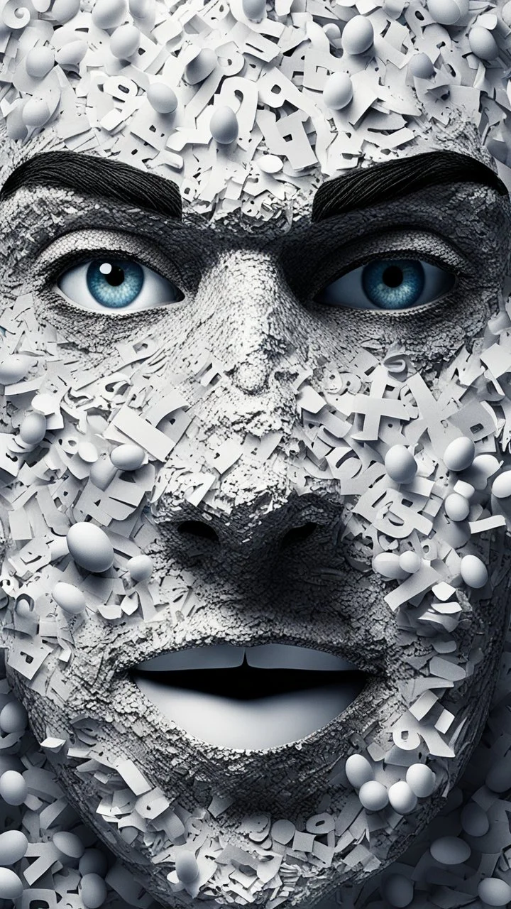 A balled face in details . The texture of the face is a collage of many 3D white random letters covering the whole face and the eyes are covered by two eggs