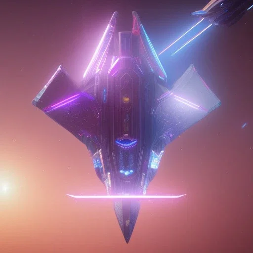 a crystalised blue pink spaceship, gold, diamonds, lightbeams, cosmic background, atmospheric, realistic, unreal engine, 8k. Cinematic lighting, octane render.