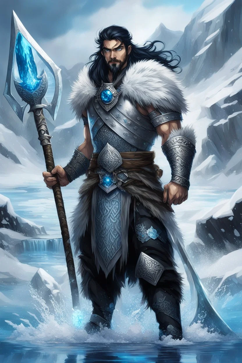 1 mana warrior, with blue eyes and black hair man in silver Viking armor with fur around the neck with blue crystal on his chest , standing in water in the artic, holding a ice axe, warrior in anime style,